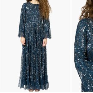 Beaded Forest Blue Maxi Dress with Long Sleeves